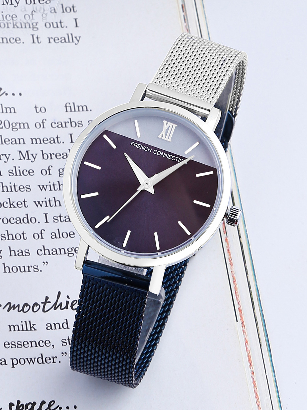 French Connection Women Blue Mother of Pearl Dial & Blue Stainless Steel Bracelet Style Straps Analogue Watch