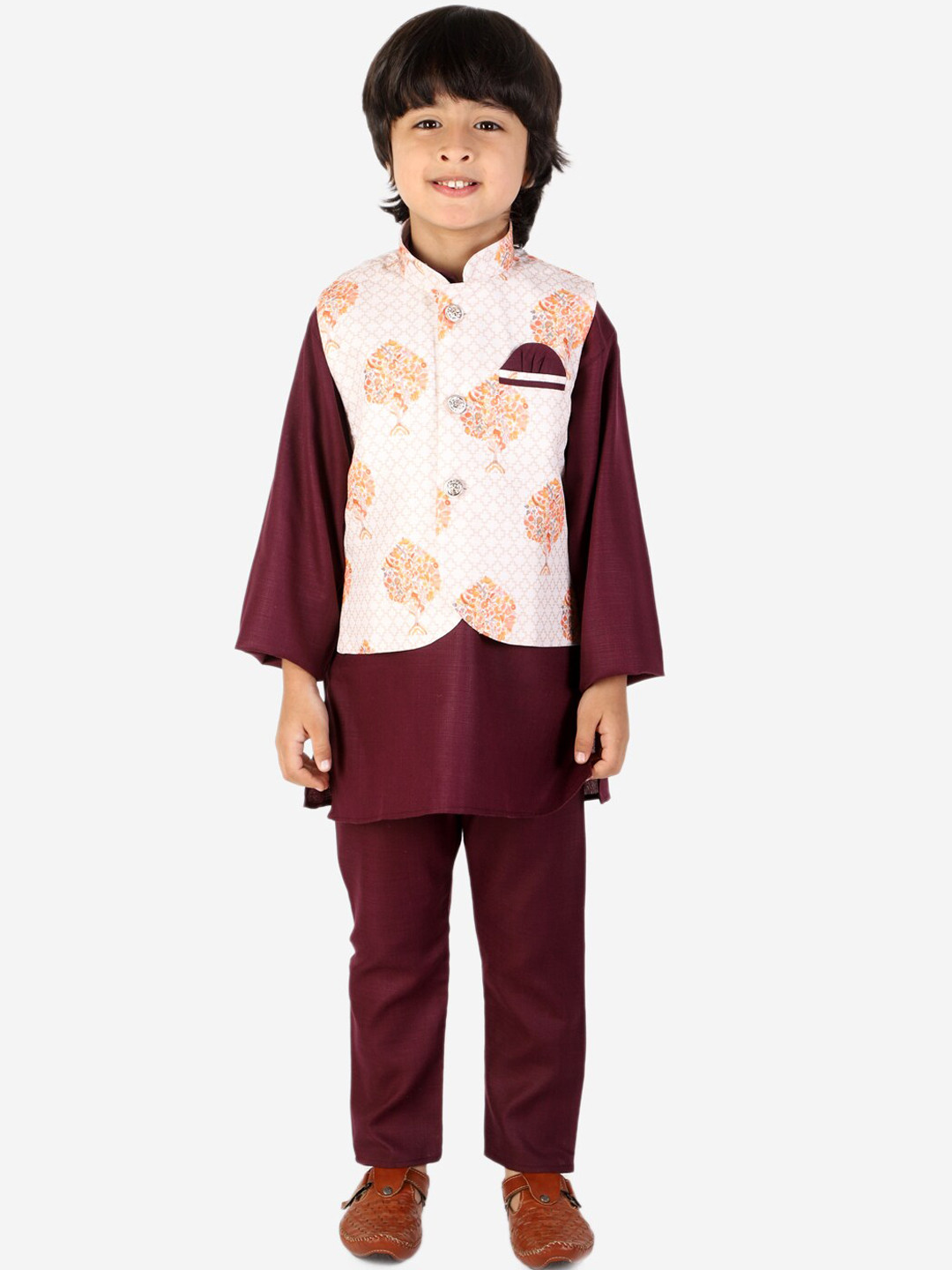 Superminis Boys Purple Layered Kurta with Pyjamas  With Printed Fancy White Base Jacket