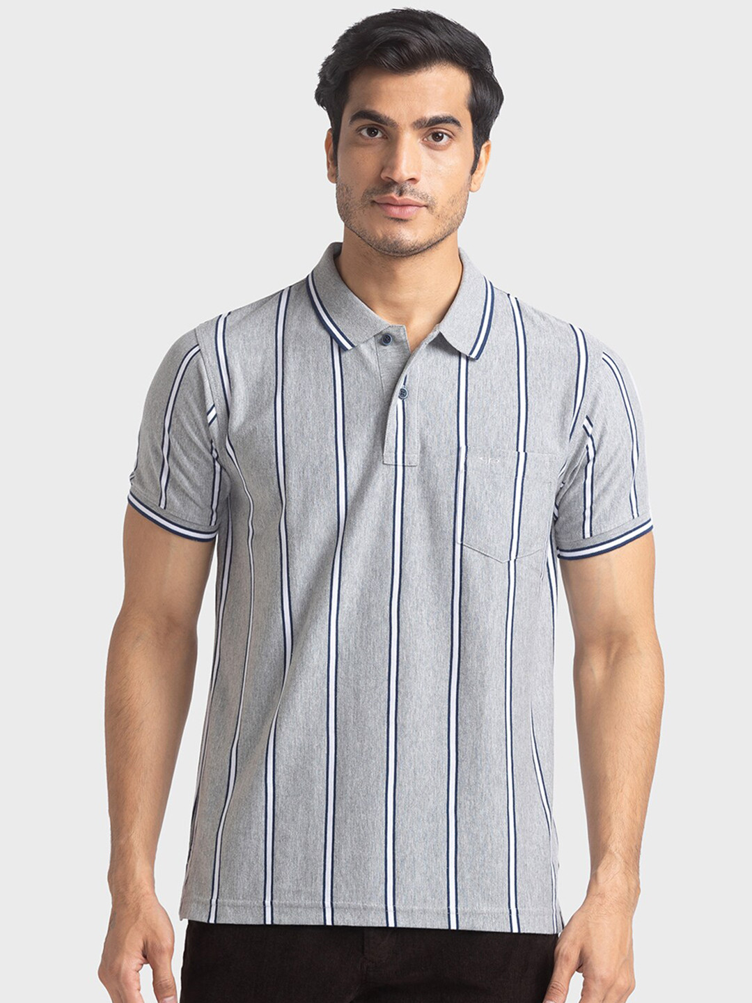 ColorPlus Men Grey Striped Polo Collar Cotton T-shirt