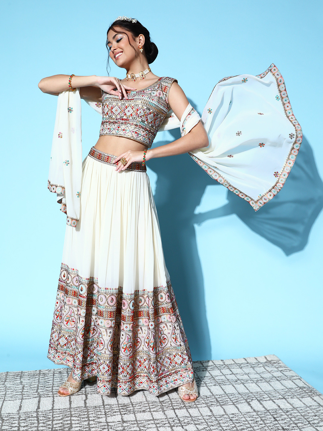 Kvsfab Off White Embroidered Sequinned Ready to Wear Lehenga & Blouse With Dupatta