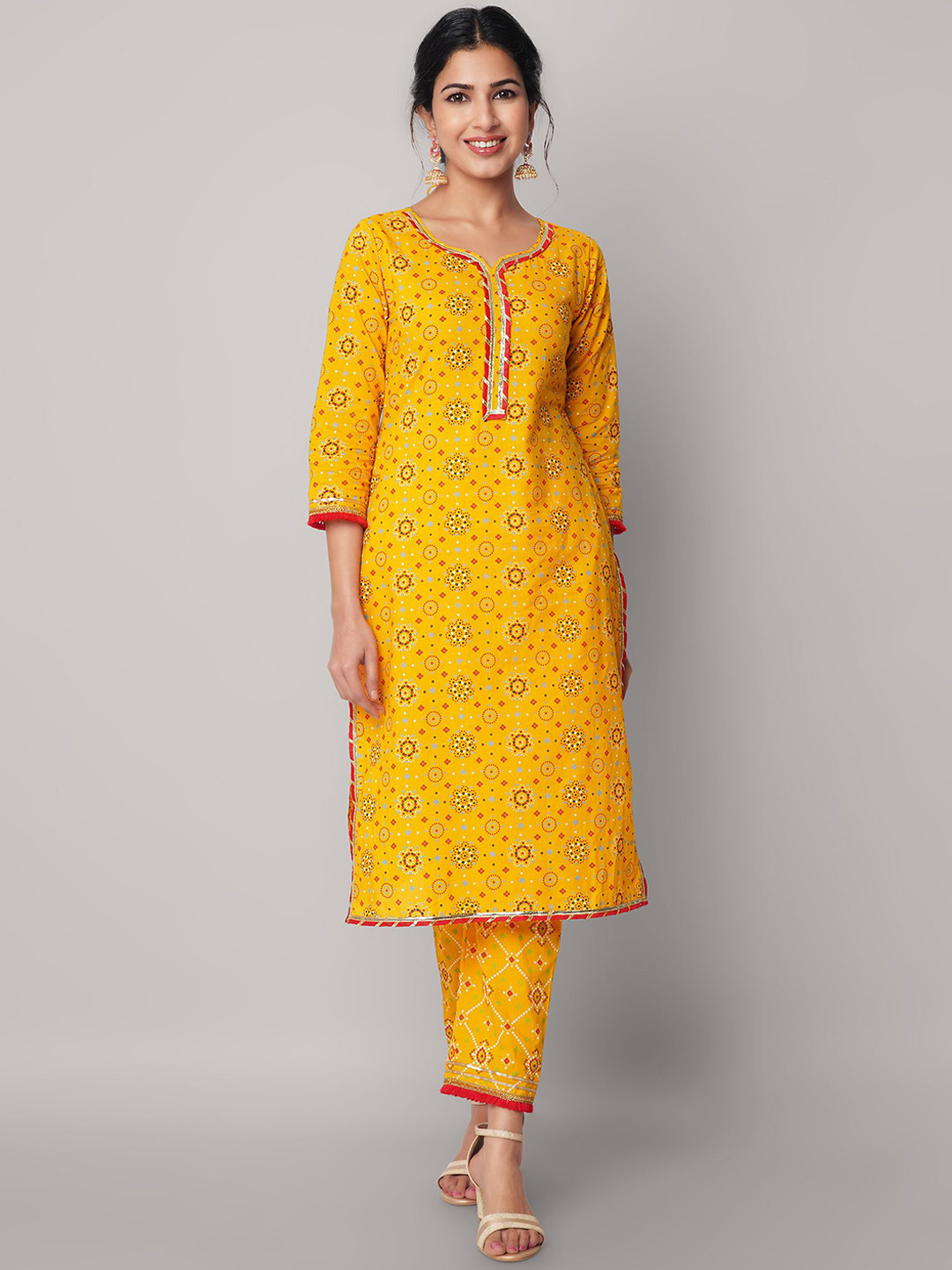God Bless Women Yellow Gotta Patti Pure Cotton Kurta with Trousers