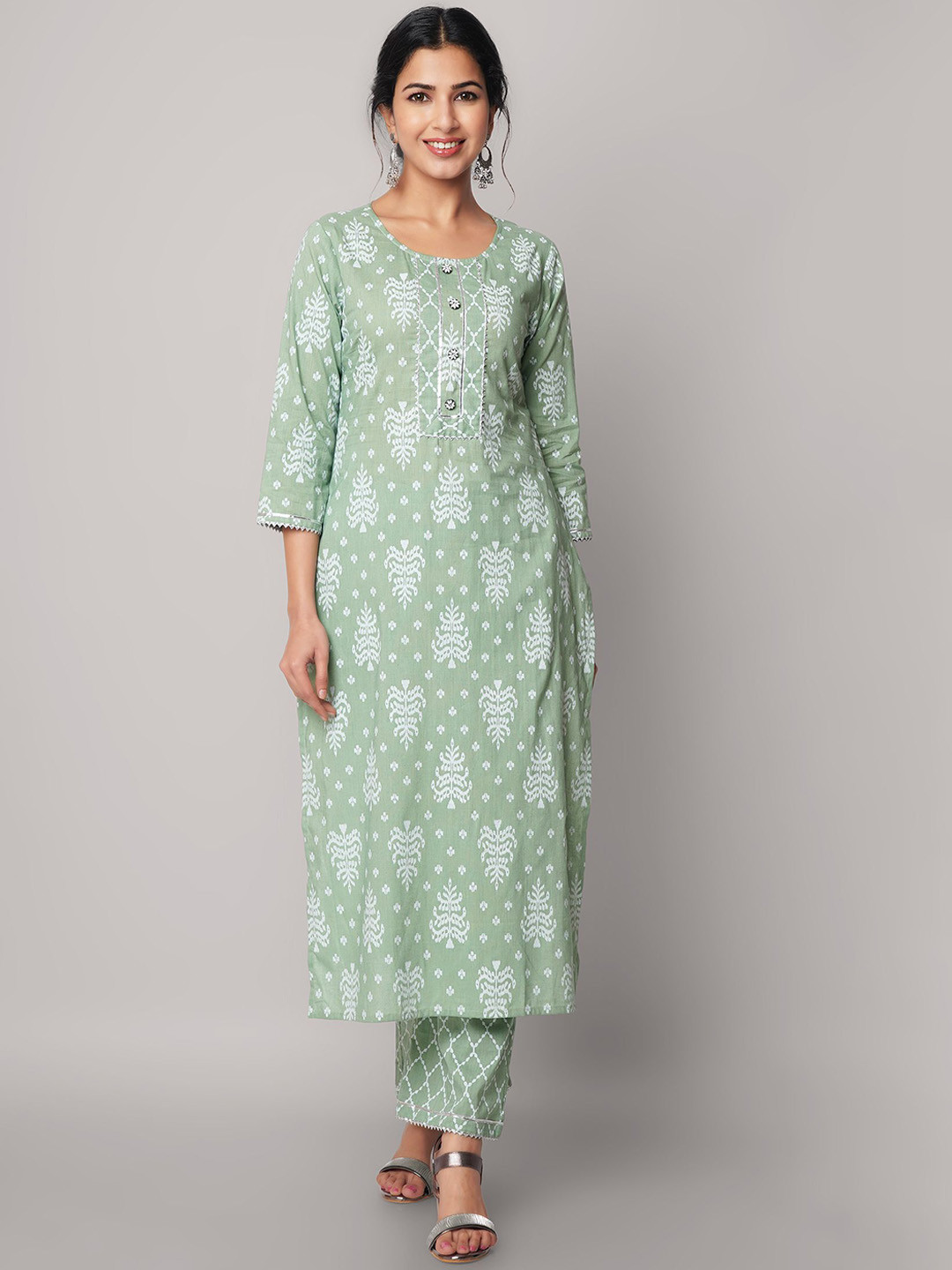 God Bless Women Green Floral Printed Gotta Patti Pure Cotton Kurta with Palazzos