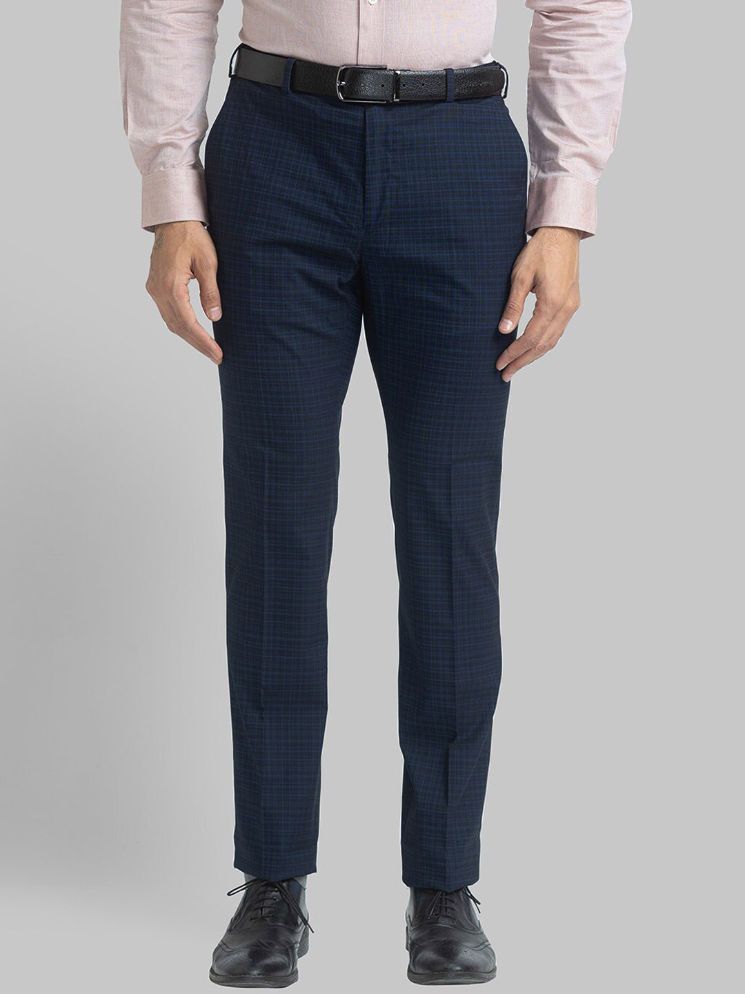 Raymond Men Dark Blue Checked Slim Fit Formal Trousers