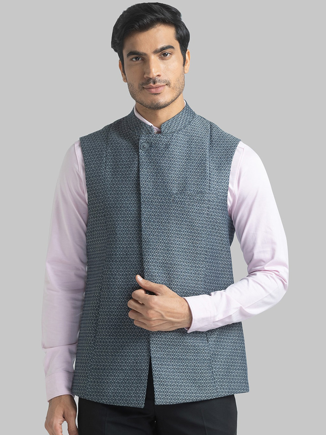 Raymond Men Blue Printed Cotton Nehru Jacket