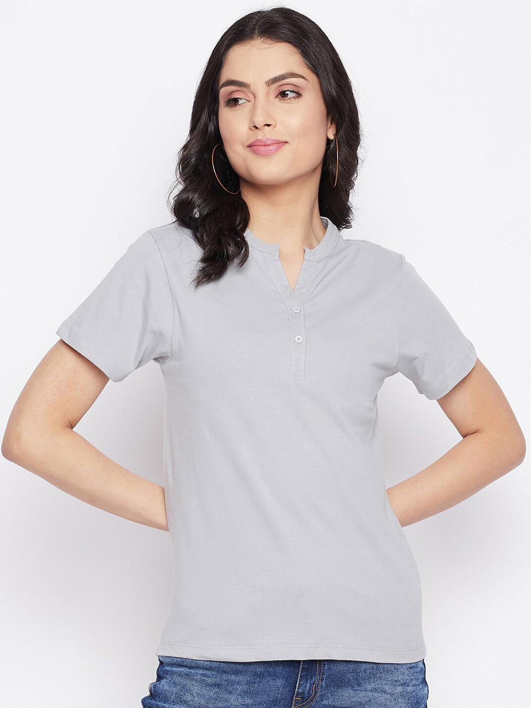 HARBOR N BAY Women Grey Henley Neck T-shirt