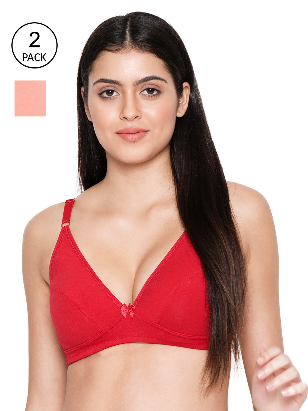Susie Red & Peach-Coloured Pack of 2 Cotton Plunge Bra