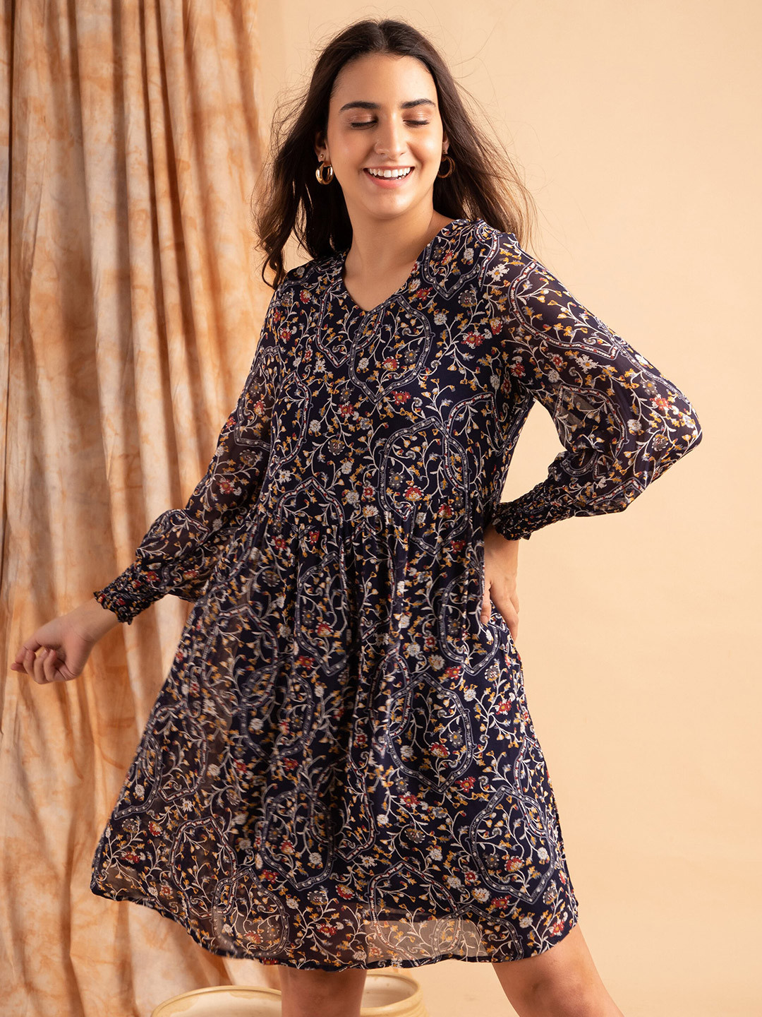 B.Copenhagen Navy Blue & Red Hues Floral Printed Dress