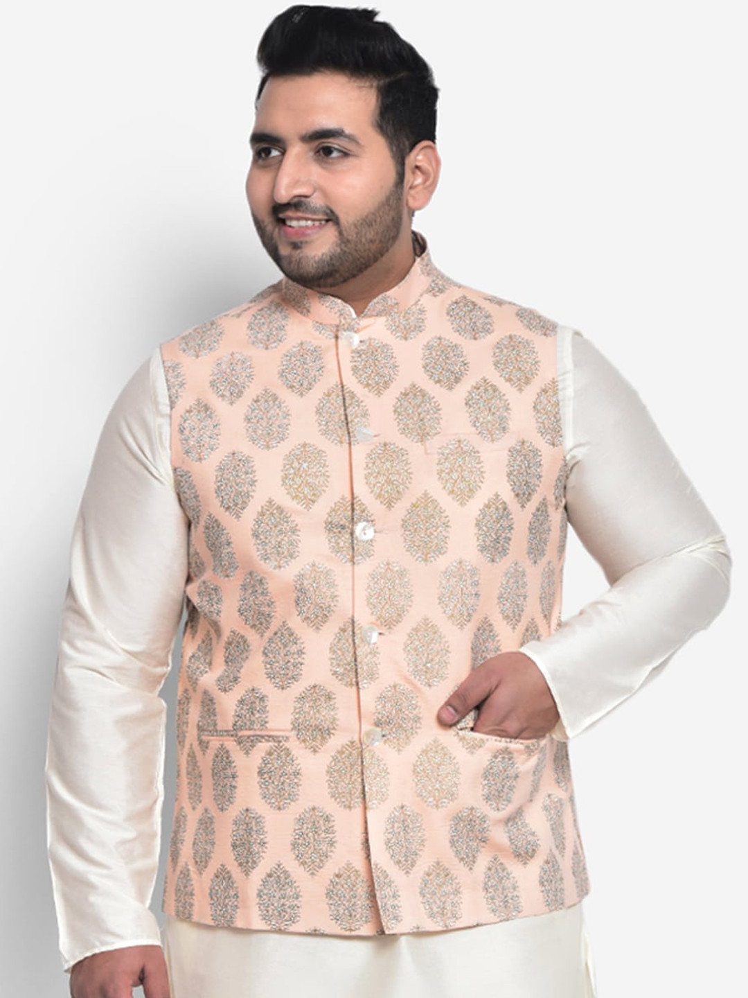 KISAH PLUS Men Pink Printed Woven Nehru Jackets