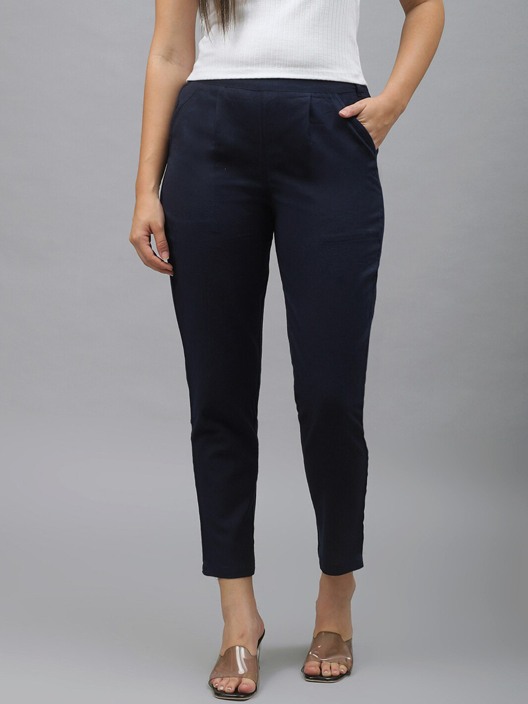 Me Craft Women Navy Blue Easy Wash Pleated Trousers