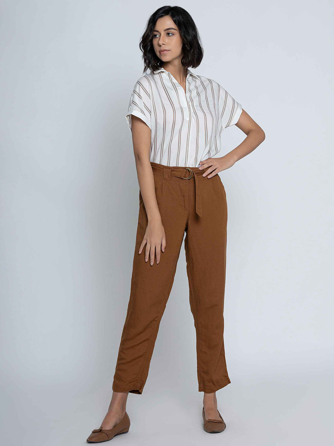 B.Copenhagen Women Tan Brown Regular Fit Solid Peg Trousers