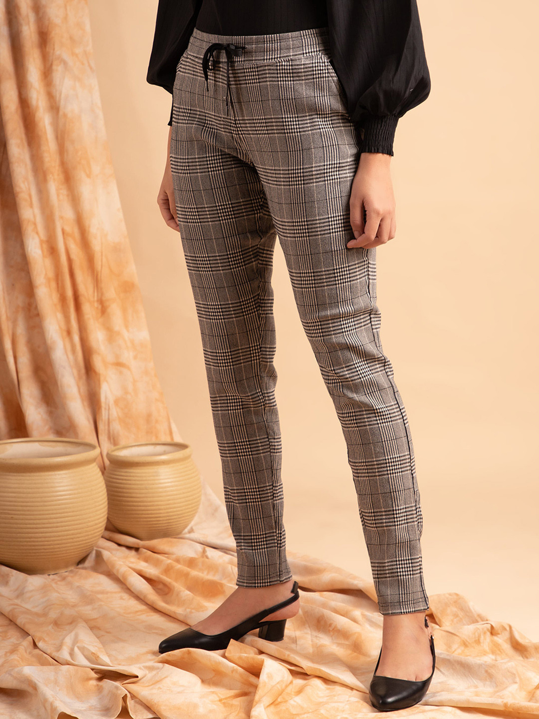 B.Copenhagen Women Brown Checked Slim Fit Trousers