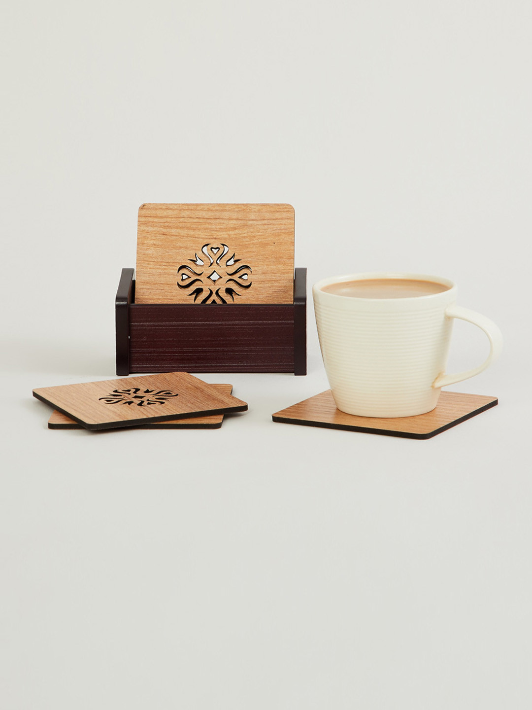 Home Centre 7 Pieces Camel Brown Textured Wooden Reversible Coaster with Box