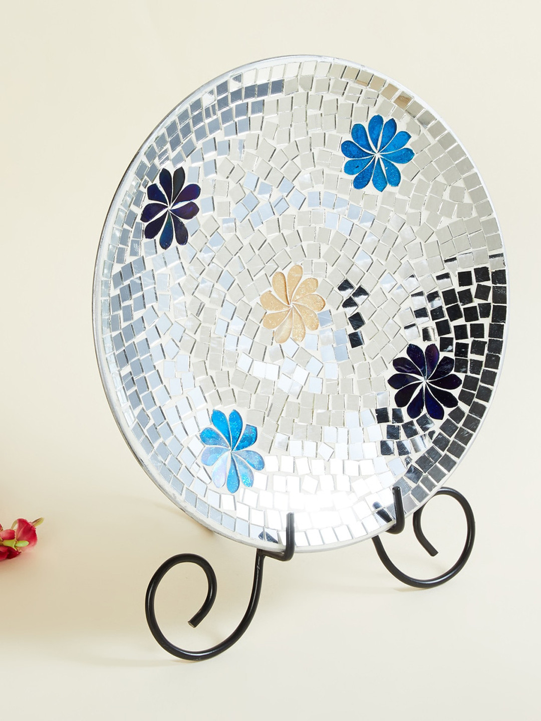 Home Centre Corsica Mosaic Silver Glass Mirrored Living Room Set of 2 Medium Showpieces - 13.8 Inches