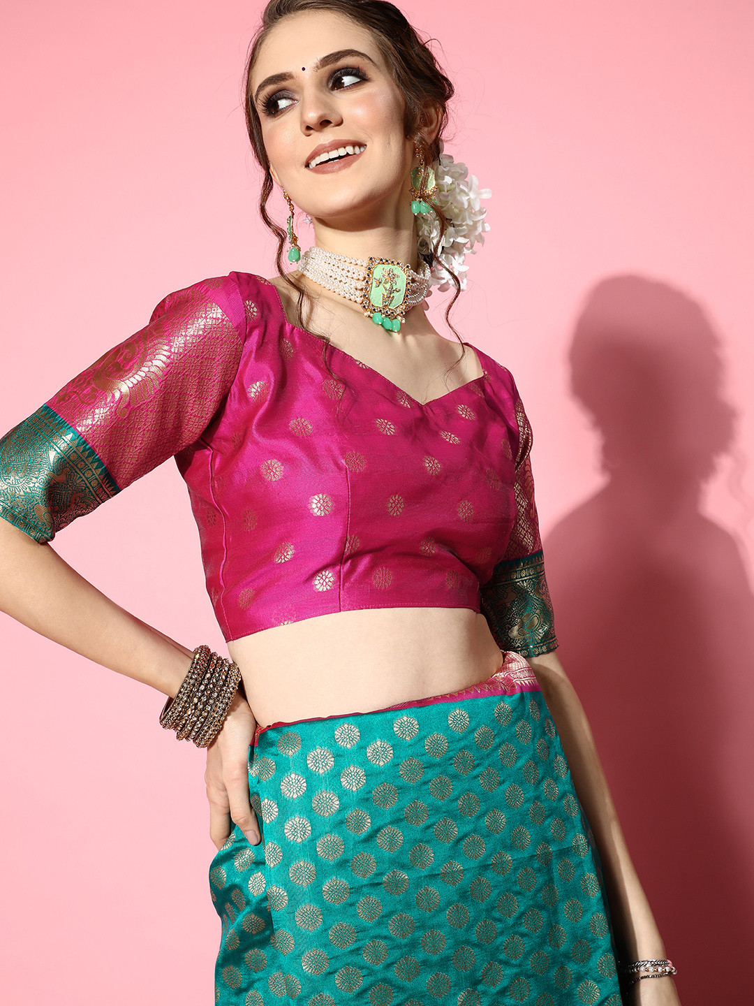 Saree mall Teal & Pink Ethnic Motifs Silk Blend Dharmavaram Sarees