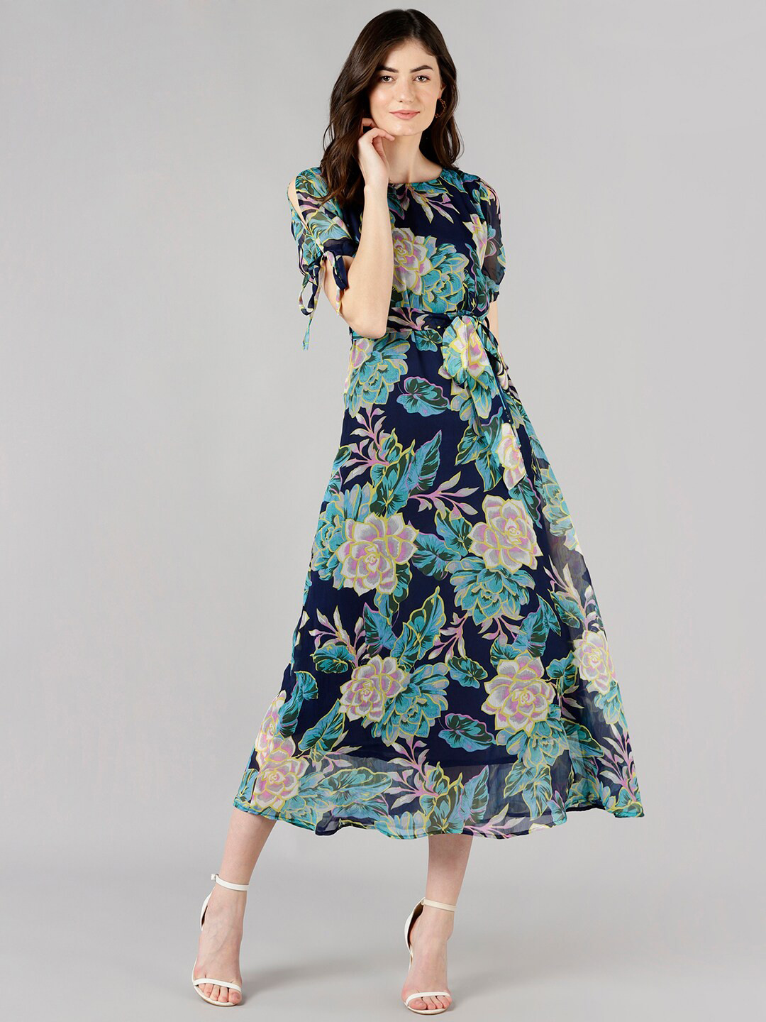 Fashfun Navy Blue Floral Chiffon Midi Dress