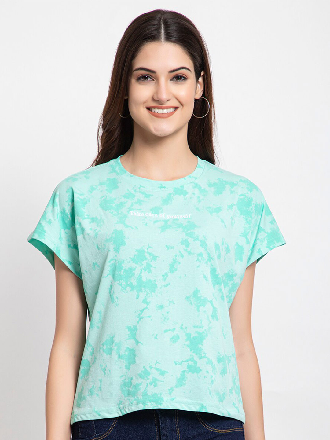 FEMEA Women Green & White Tie and Dye Printed Extended Sleeves T-shirt