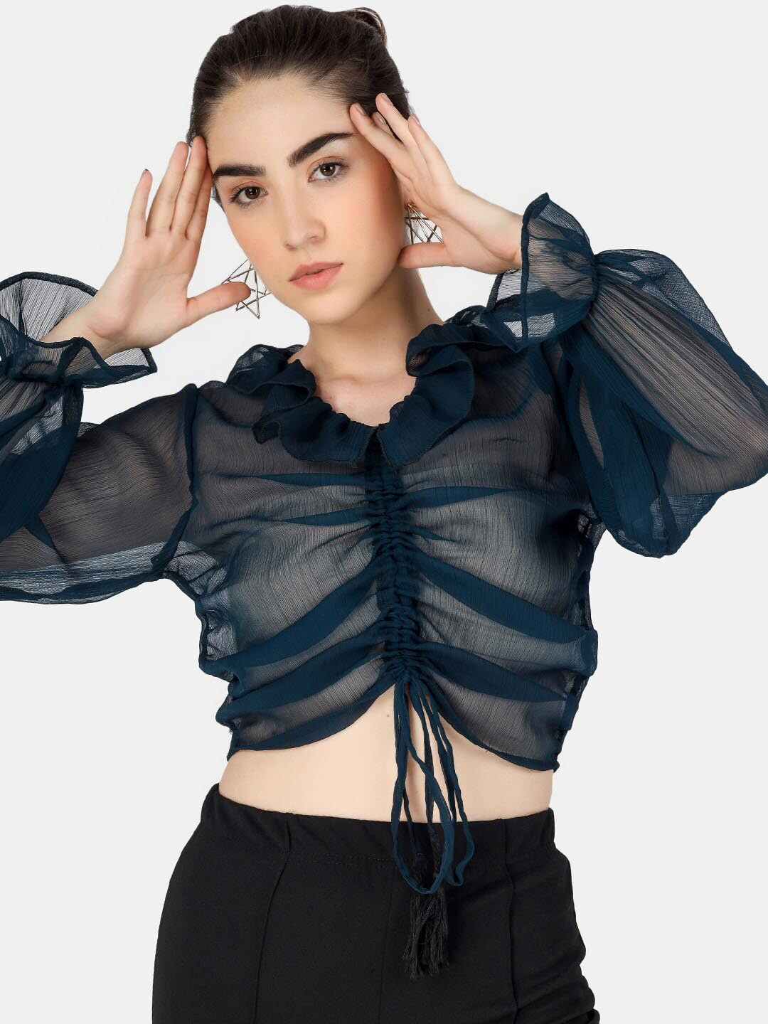 angloindu Women Sea Green Ruffles Chiffon Shirt Style Crop Top