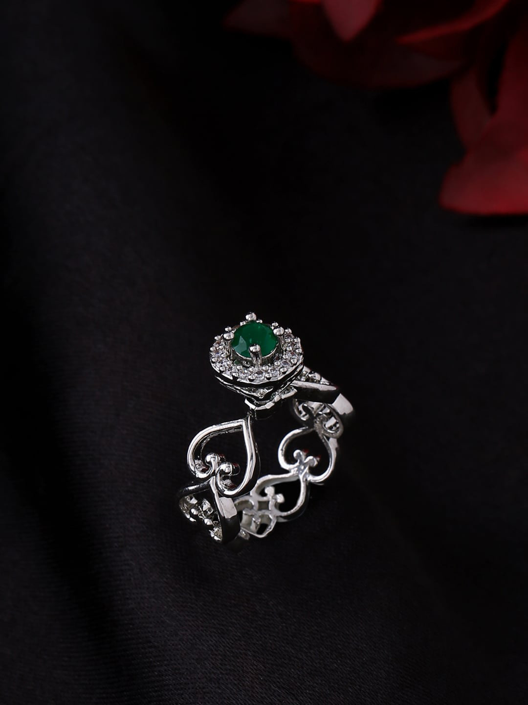 Yellow Chimes Women Silver-Plated Green Studded Heart Shaped Adjustable Finger Ring