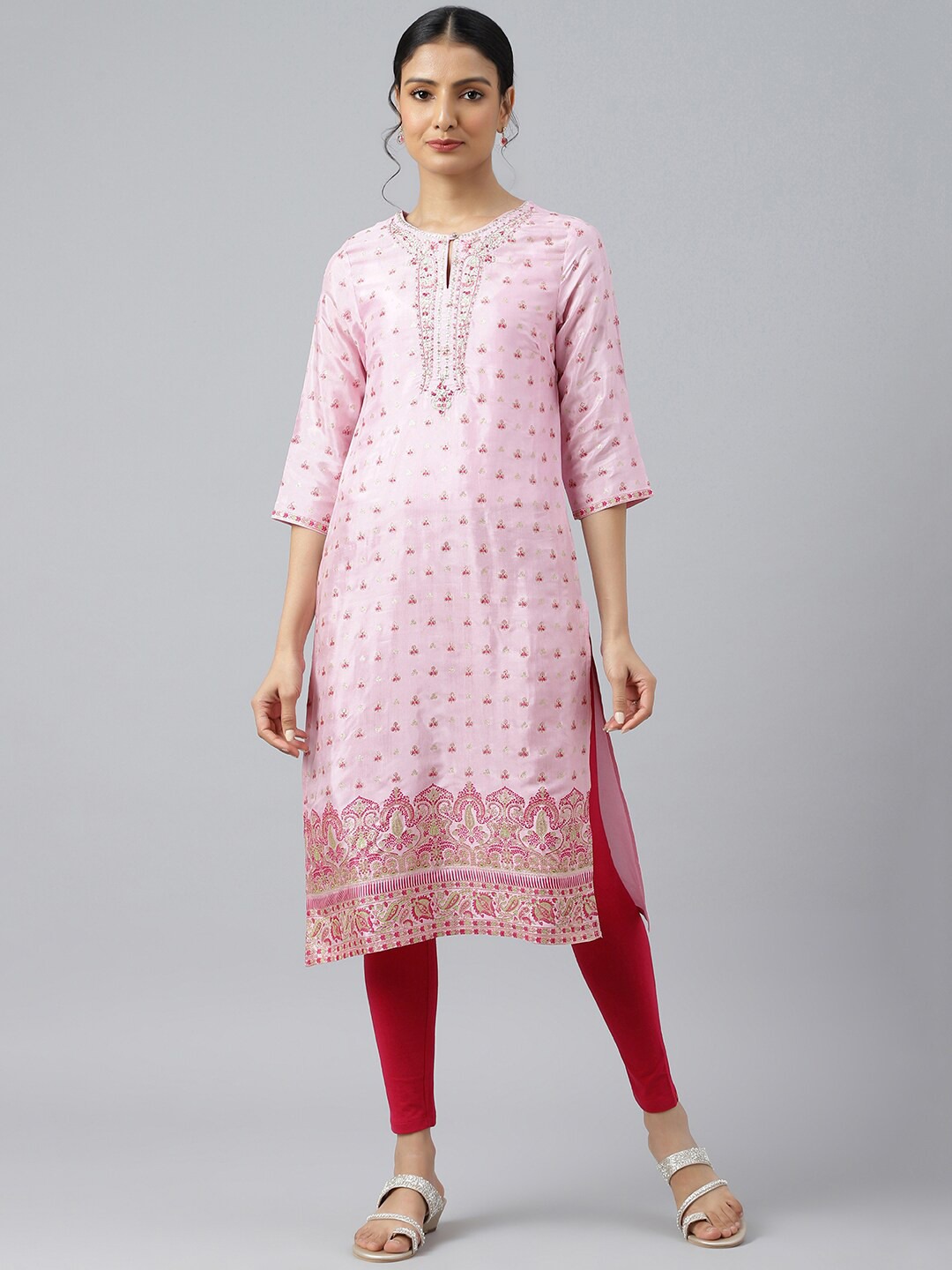 W Women Pink Ethnic Motifs Yoke Design Keyhole Neck Thread Work Pastels Kurta