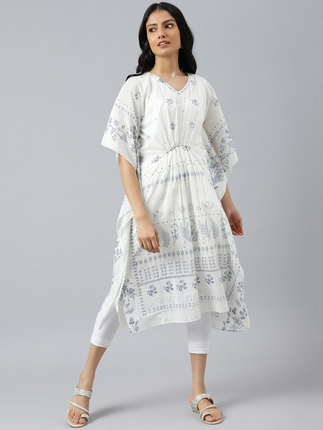 W Women White Floral Printed Extended Sleeves Pure Cotton Kaftan Kurta