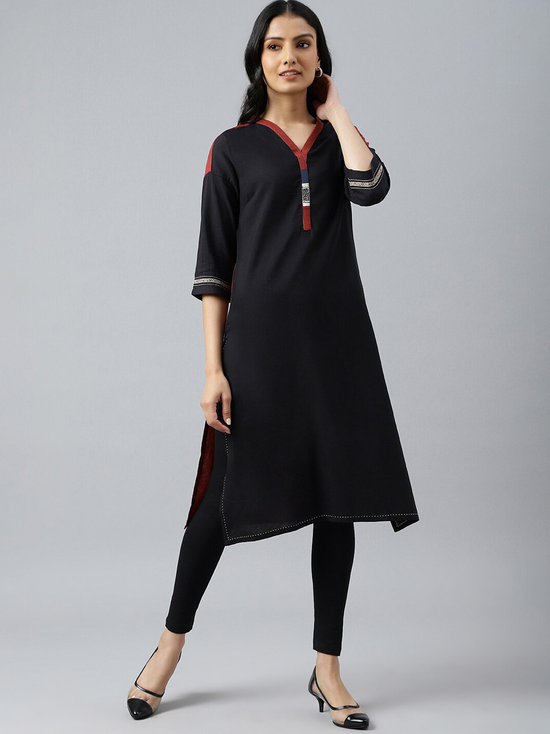 W Women Black Solid Kurta with Printed Placket