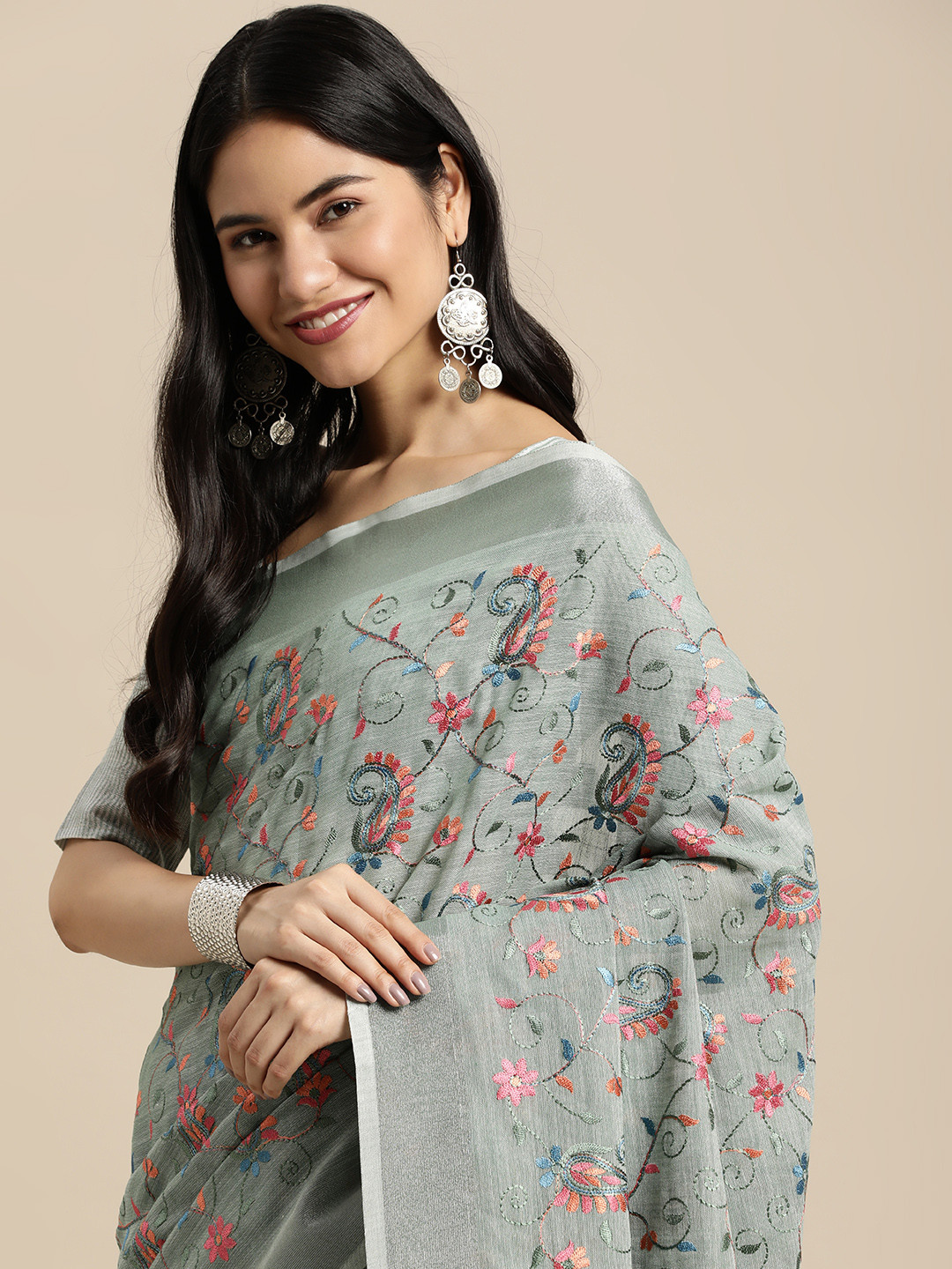 SANGAM PRINTS Sage Green Floral Woven Design Linen Blend Saree