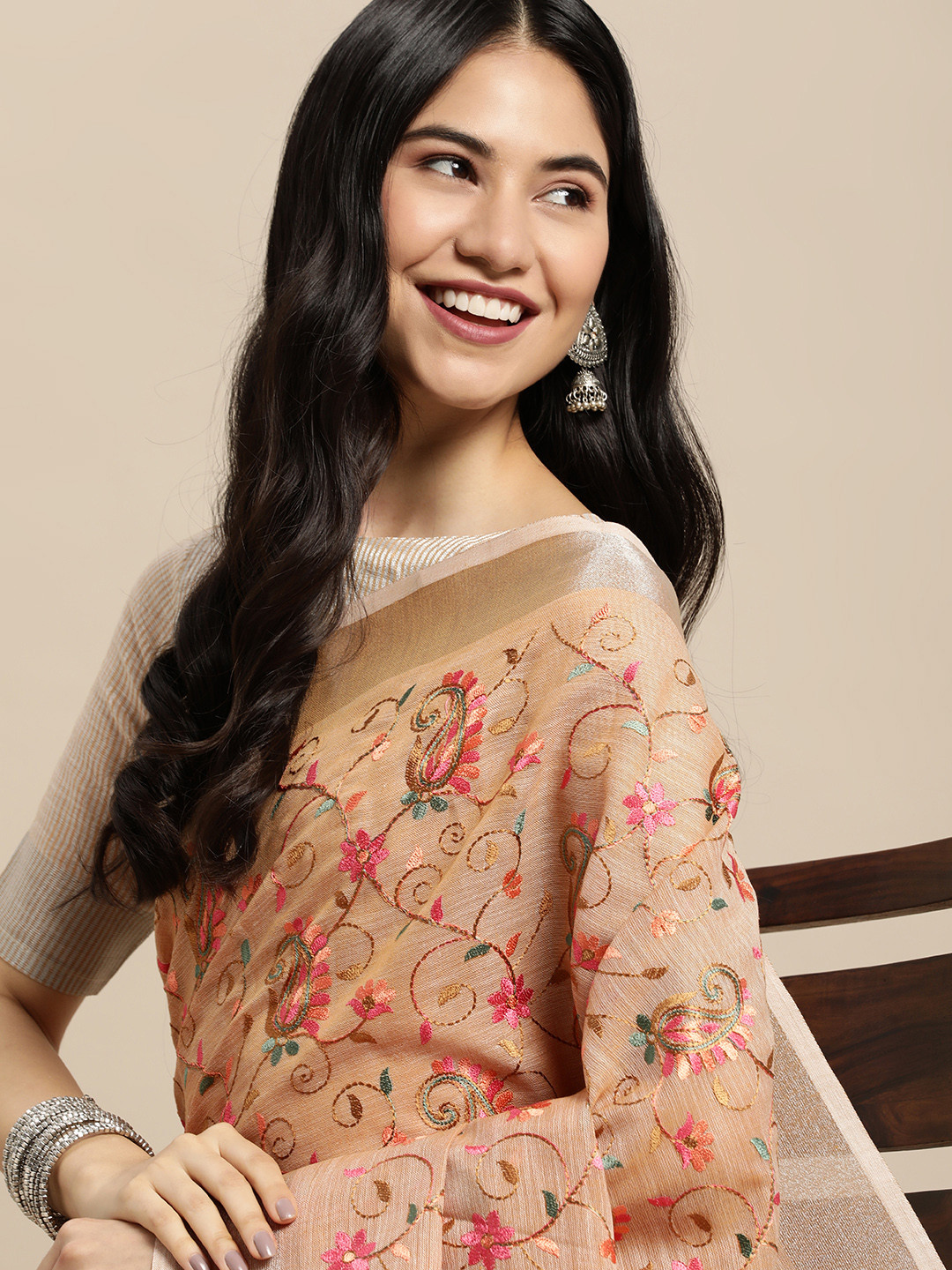 SANGAM PRINTS Peach-Coloured Floral Woven Design Linen Blend Saree