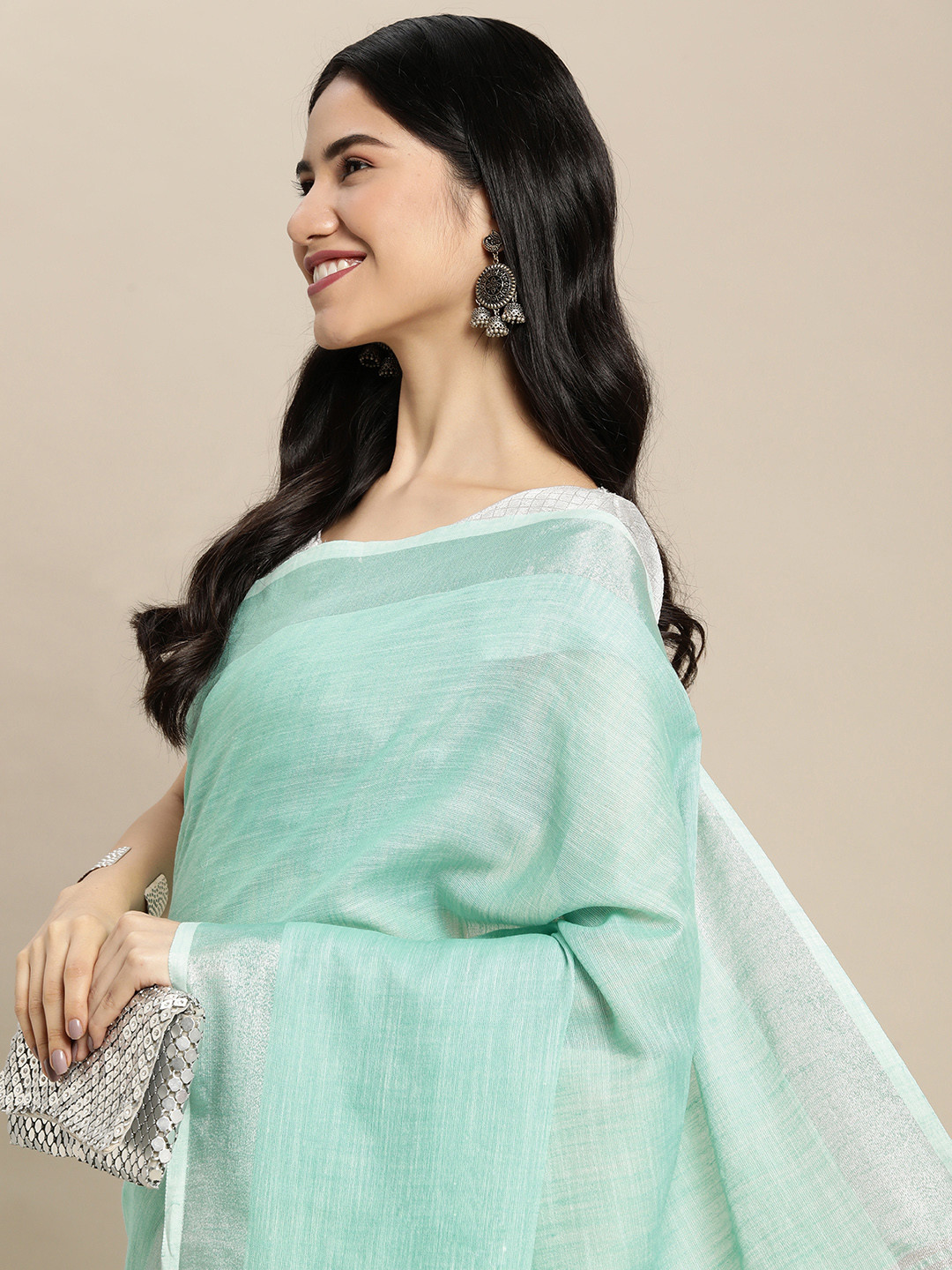 SANGAM PRINTS Turquoise Blue Solid Linen Blend Saree