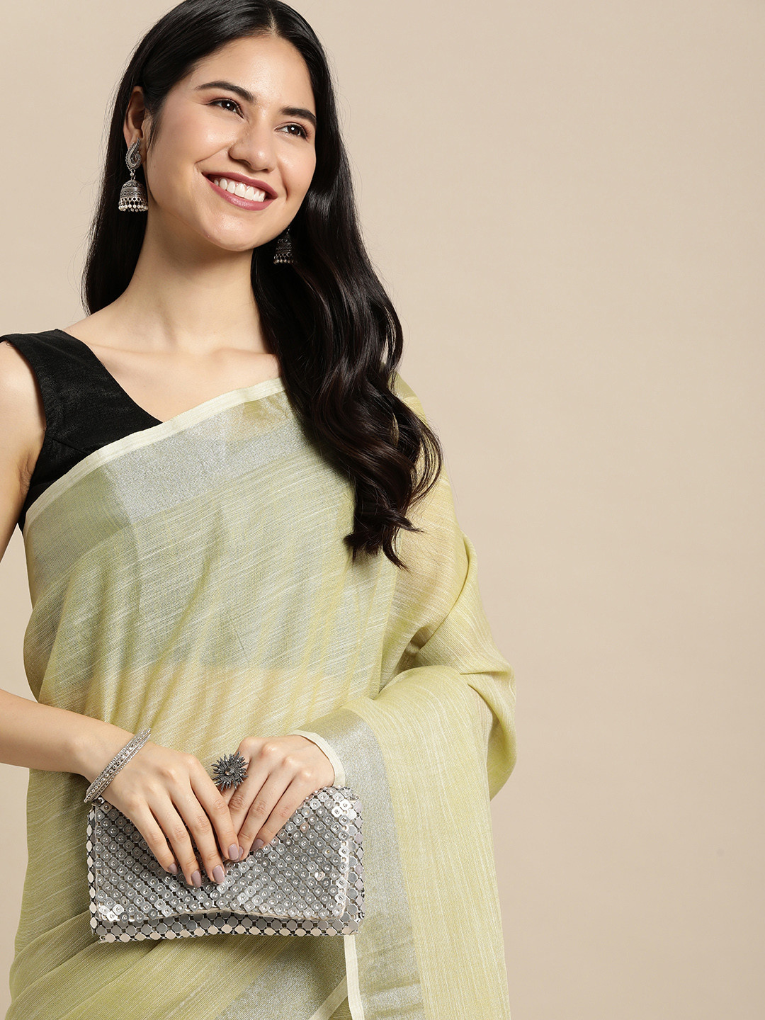 SANGAM PRINTS Lime Green Solid Linen Blend Saree