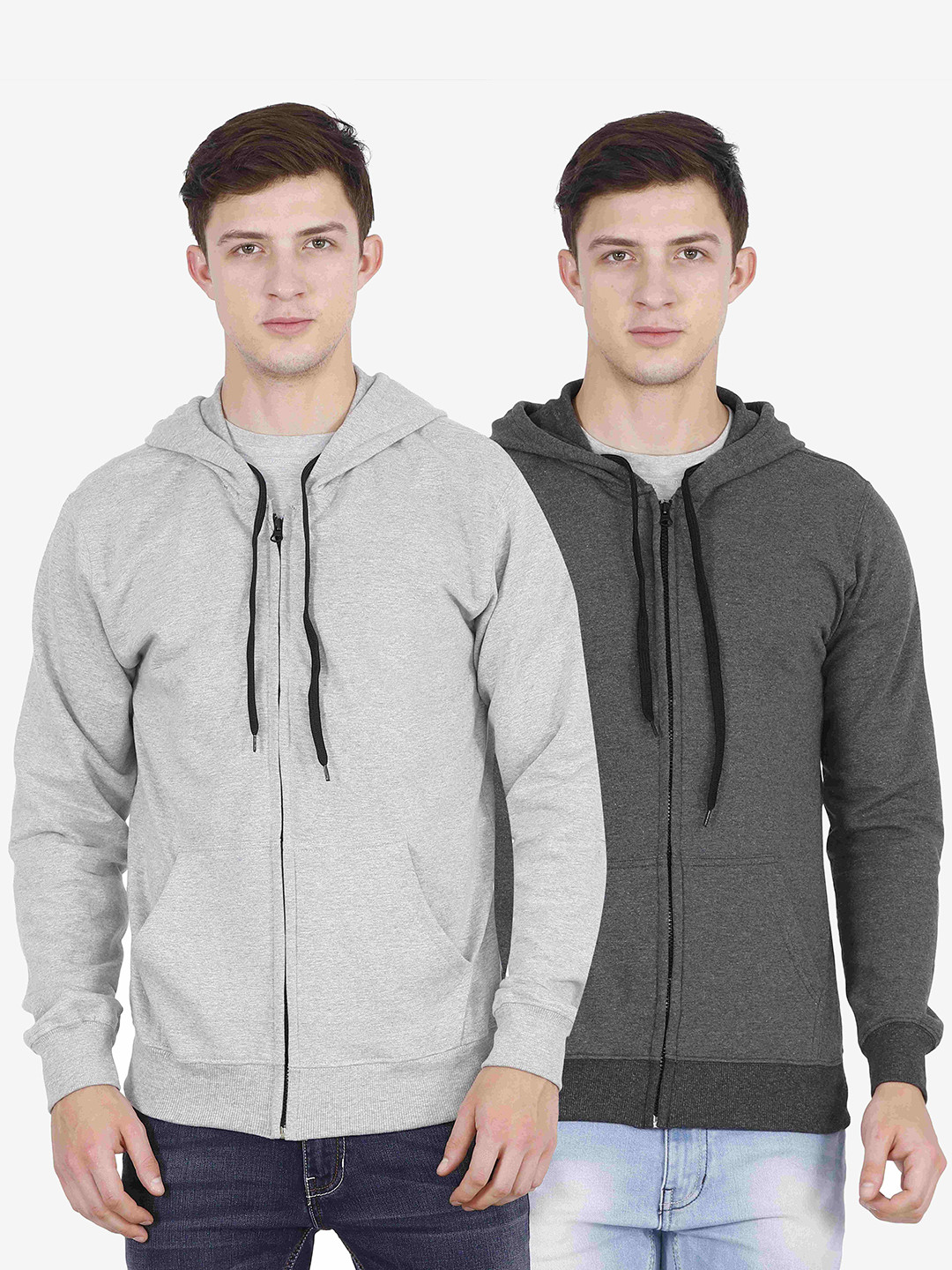 Fleximaa Men Pack of 2 Grey and Charcoal Melange Hooded Sweatshirt