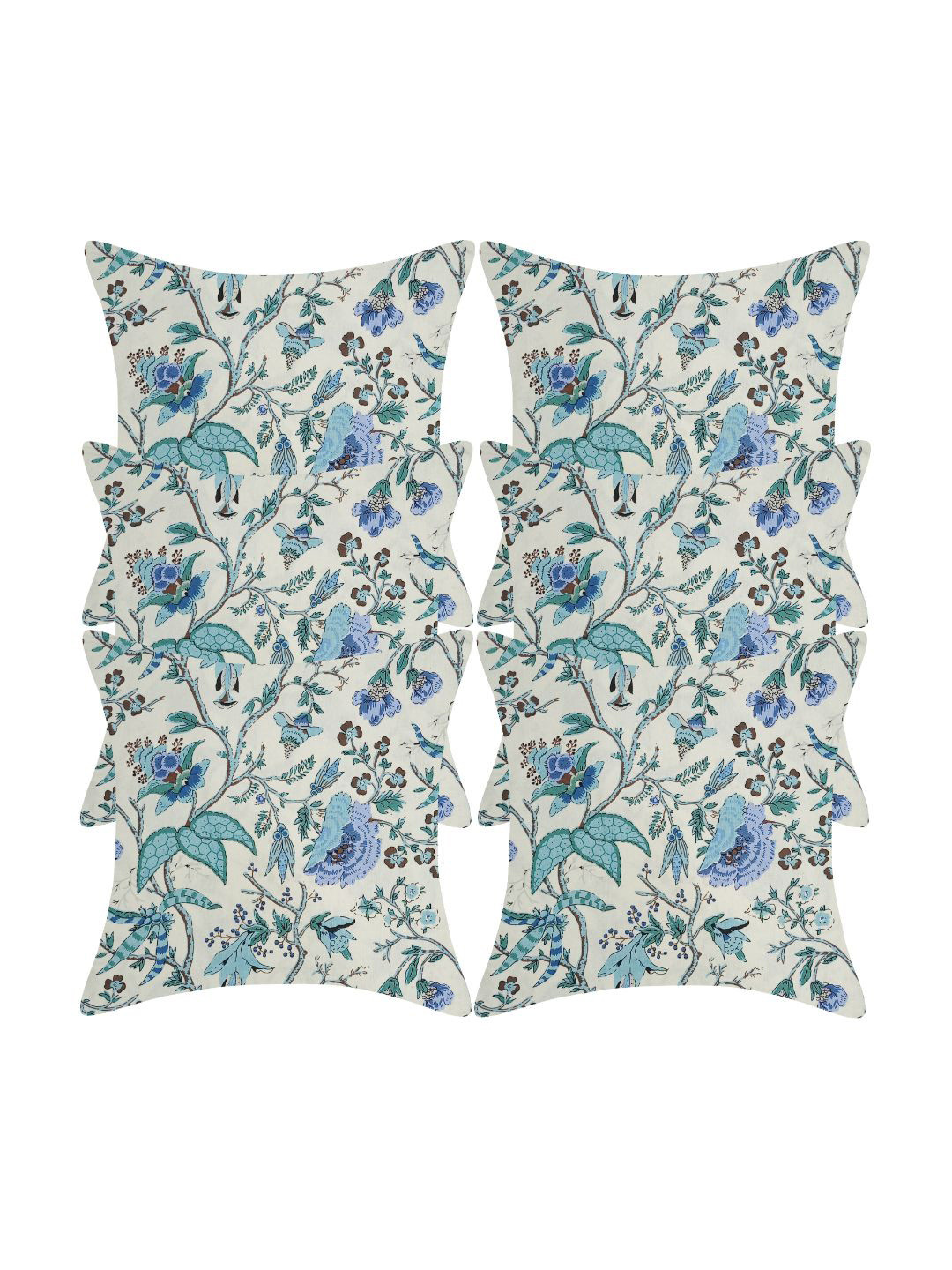 INDHOME LIFE White & Blue Set of 6 Floral Square Cushion Covers