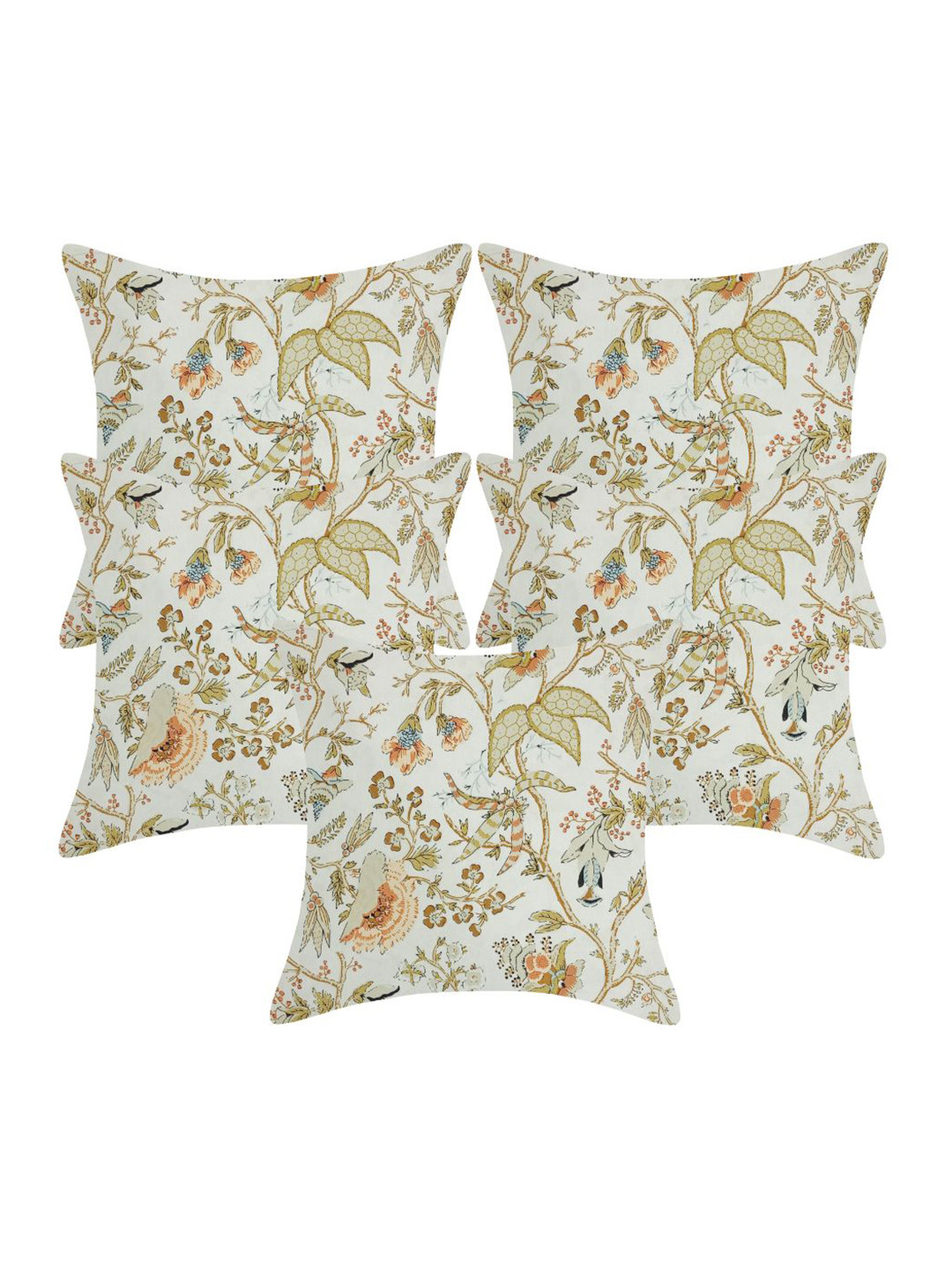 INDHOME LIFE Orange & White Set of 5 Floral Square Cushion Covers