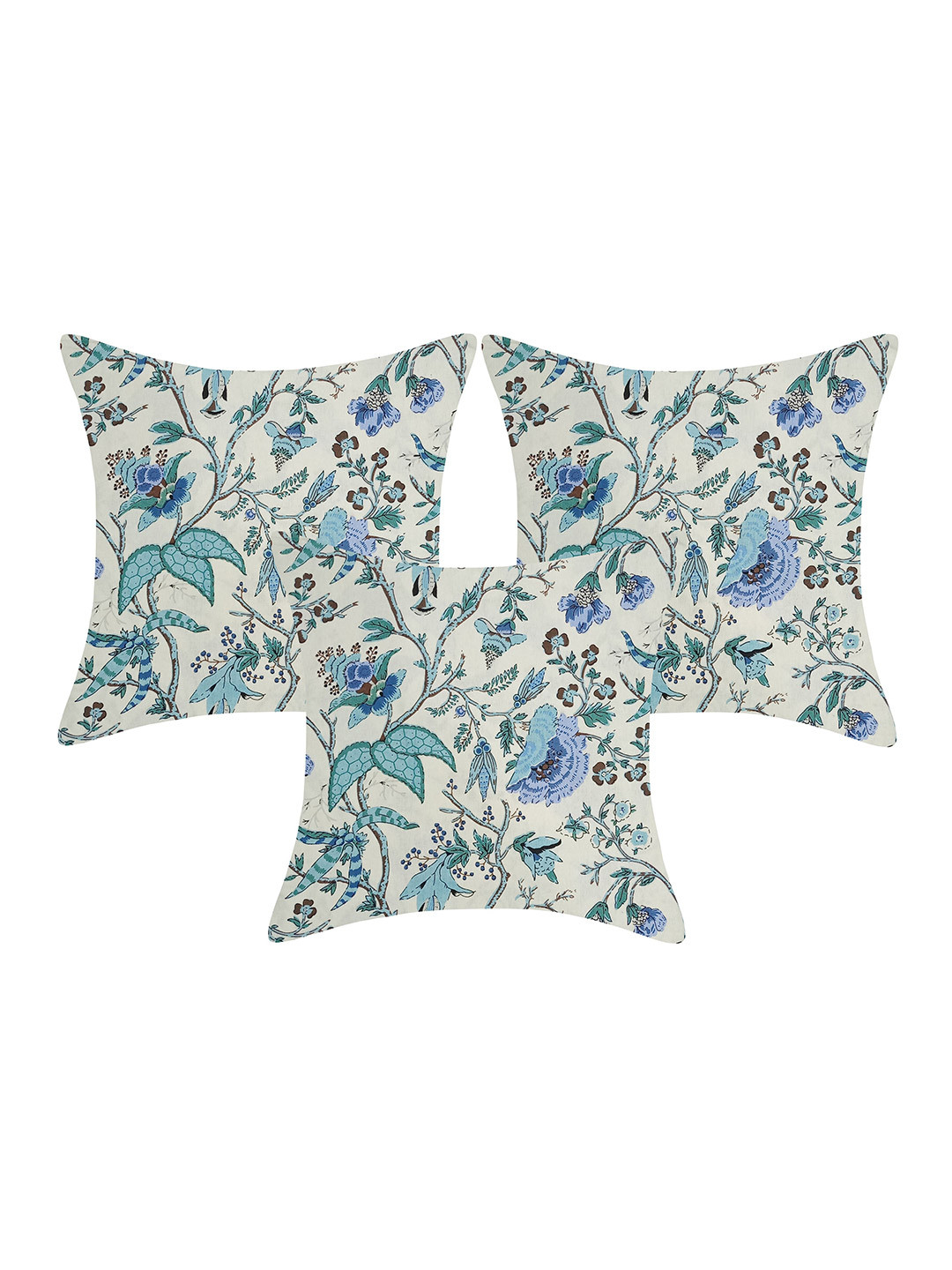 INDHOME LIFE Cream-Coloured & Blue Set of 3 Floral Square Cushion Covers