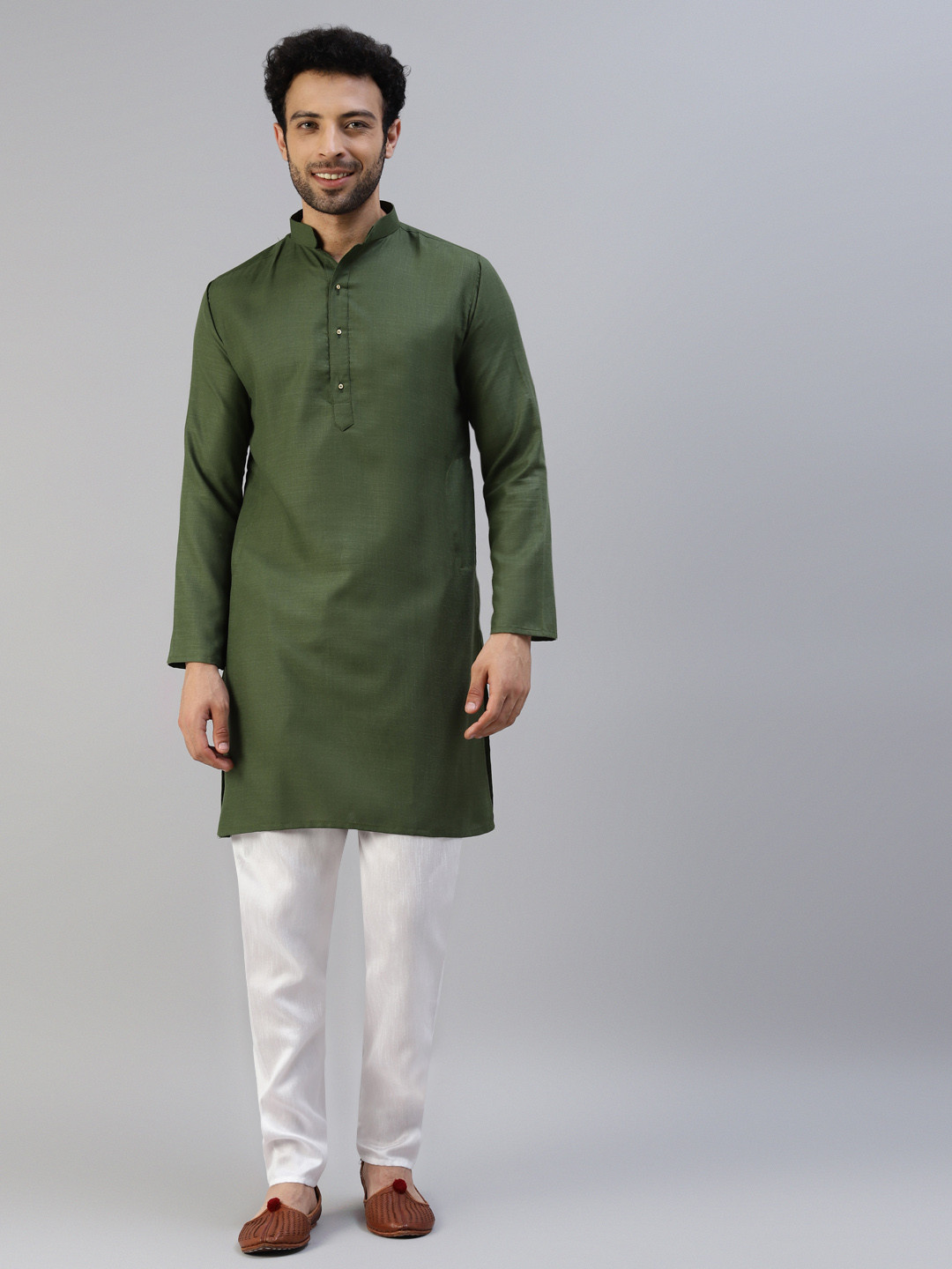 MENGARY Men Olive Green & White  Solid Cotton Straight Kurta with Pyjamas