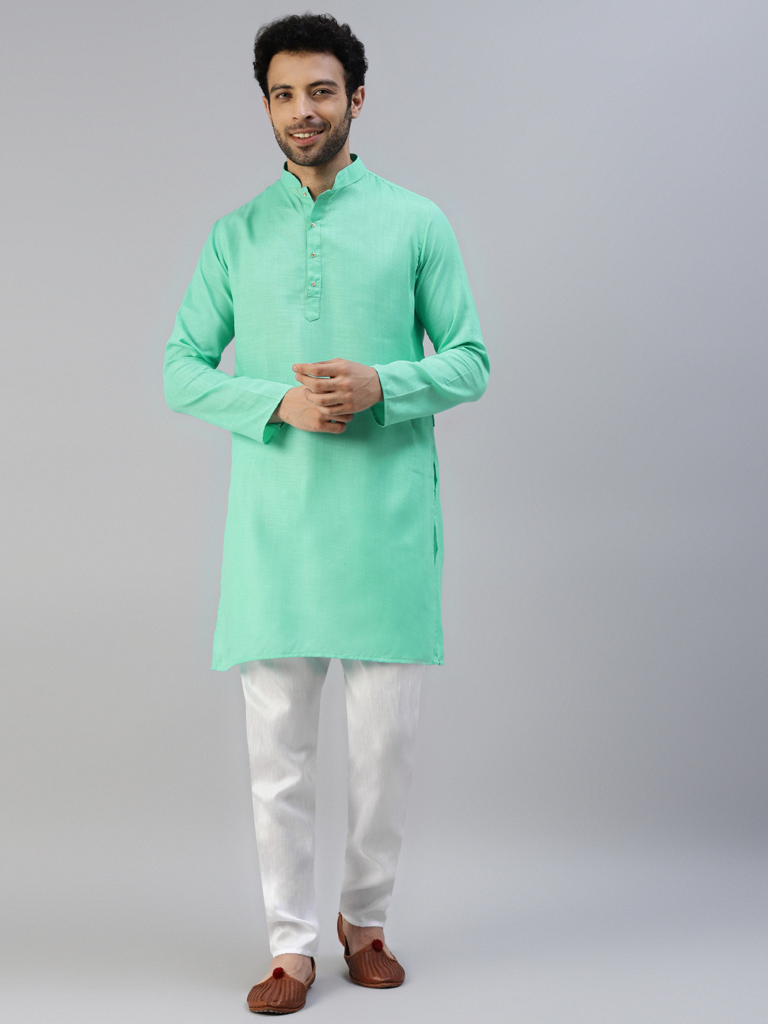 MENGARY Men Green & White Solid Cotton Straight Kurta with Pyjamas