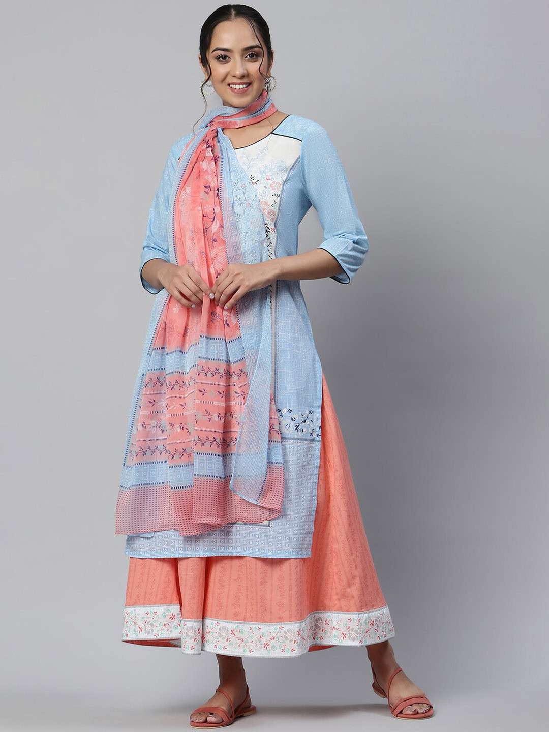 Aurelia Women Blue Floral Print Cotton Kurta Set with Palazzos & Dupatta