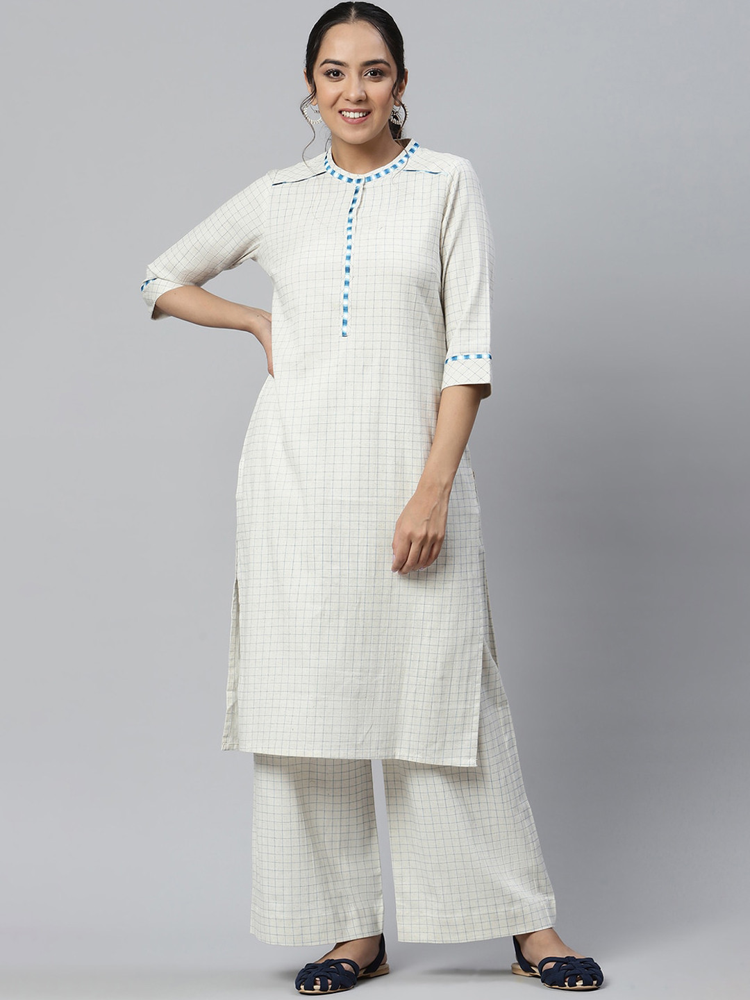 Aurelia Women Off White Geometric Print Cotton Blend Kurta Set with Palazzos