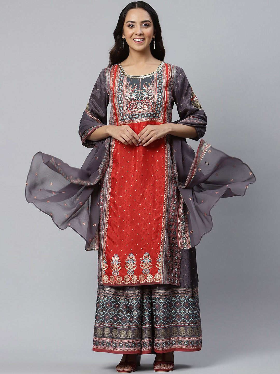 Aurelia Women LIVA Grey Placement Printed Kurta with Culottes and Dupatta