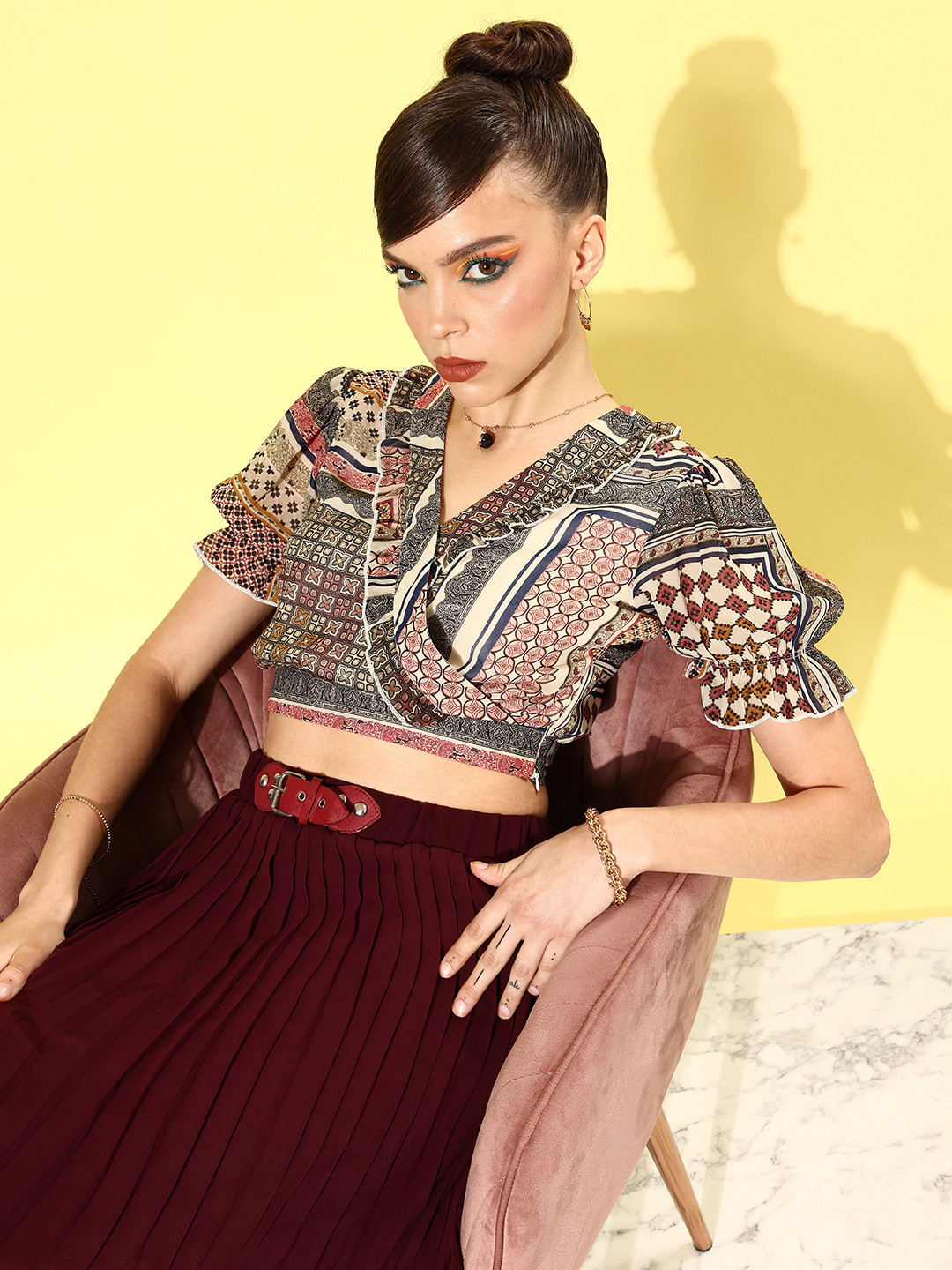 KASSUALLY Multi-Coloured Geometric Wrap it Up Top