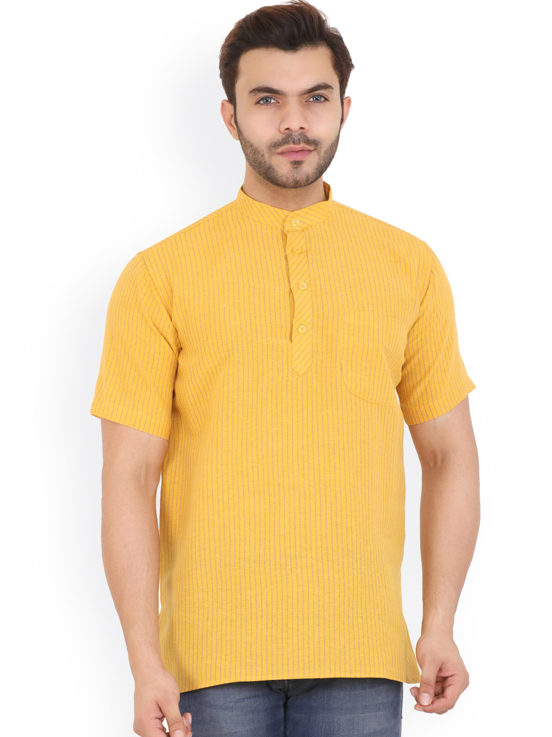 Latest Chikan Garments Men Yellow Striped Short Kurta