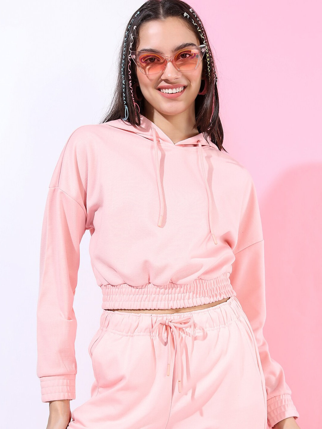 Tokyo Talkies Pink Blouson Hooded Crop Top