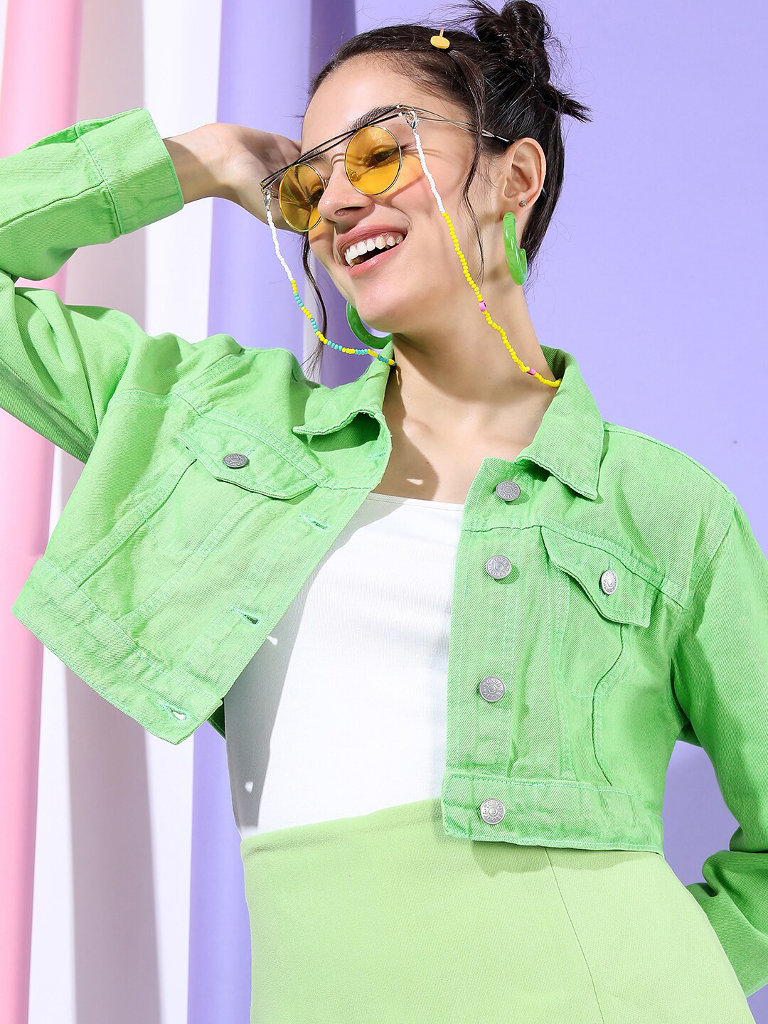 Tokyo Talkies Women Green Washed Crop Denim Jacket