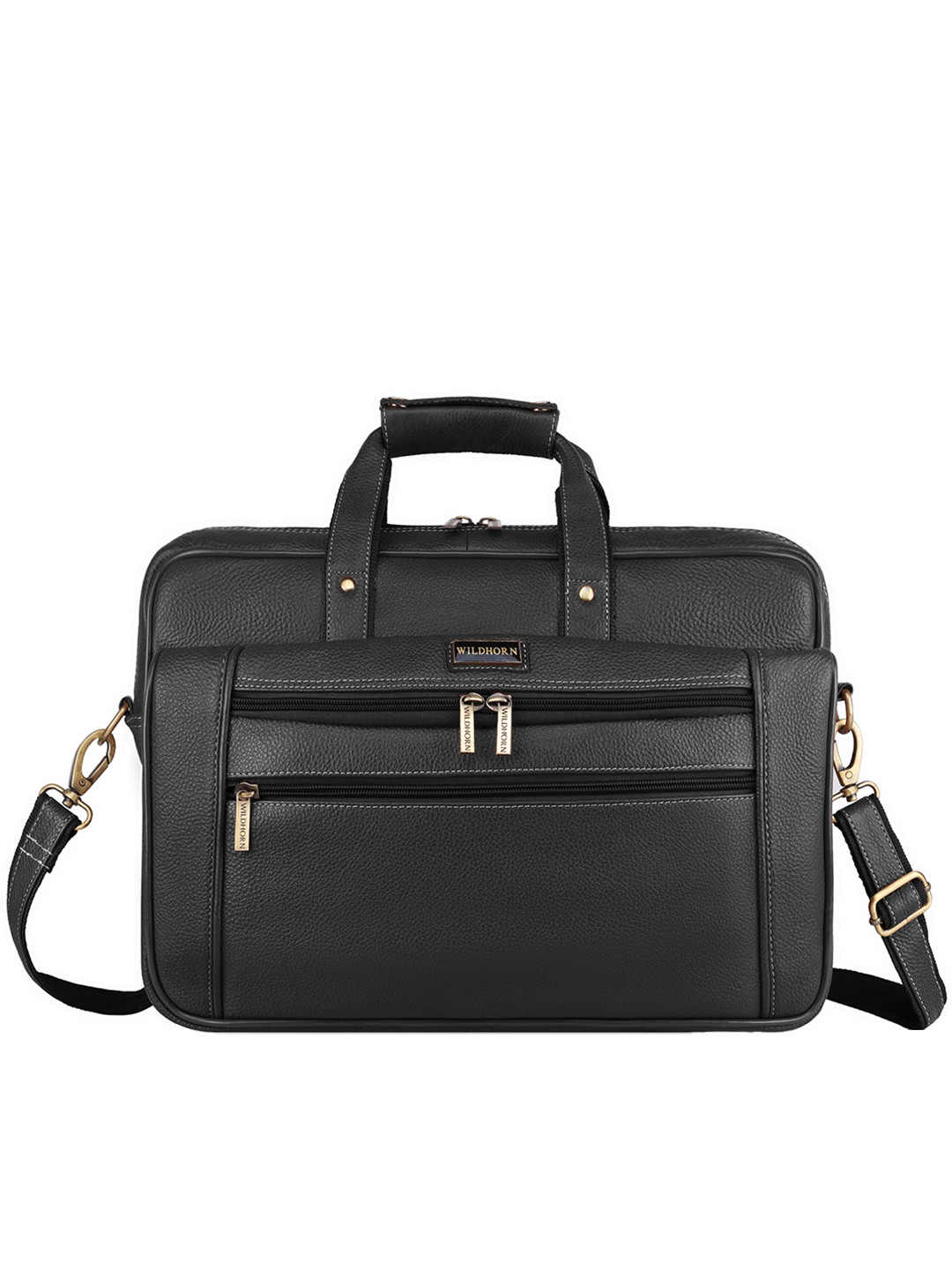 WildHorn Men's Black & Silver-Toned Leather Laptop Bag Messenger Bag