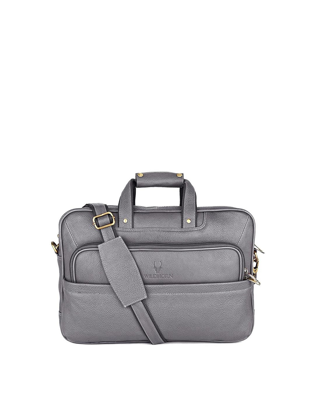 WildHorn Men Grey Leather Laptop Bag