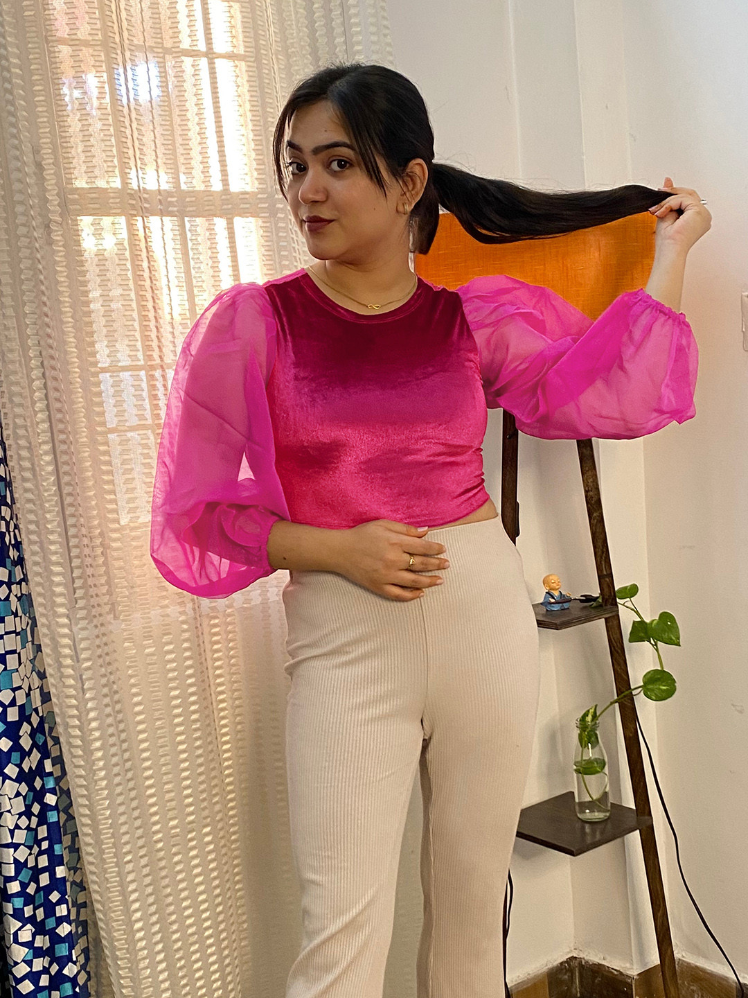 Tokyo Talkies Women Pink Crop Top with puff sleeves