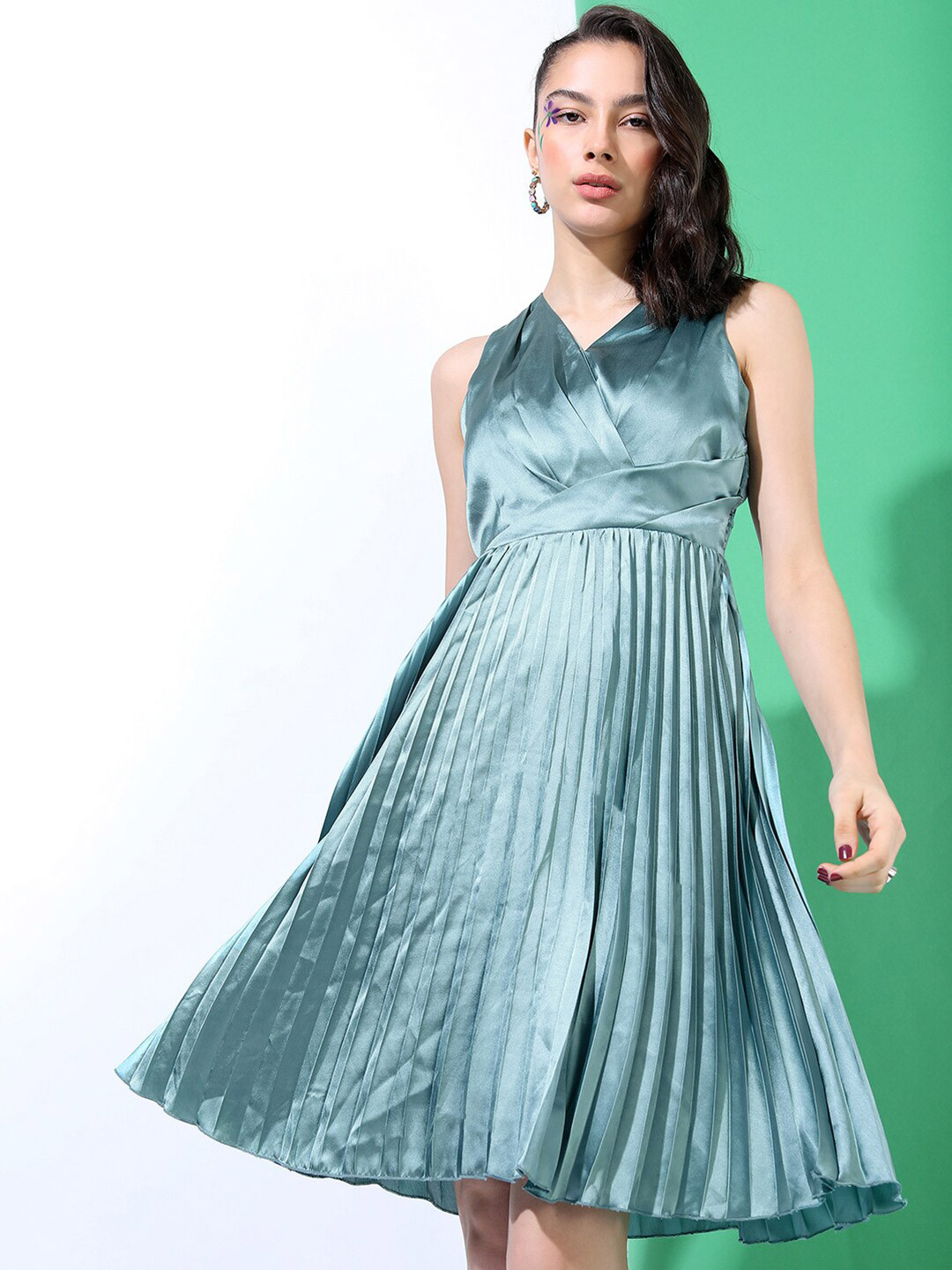 Tokyo Talkies Blue V-Neck Wrap Accordion Pleated Midi Dress