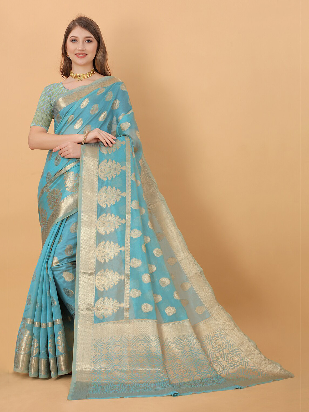 Lookslady Turquoise Blue & Gold-Toned Ethnic Motifs Zari Organza Baluchari Saree