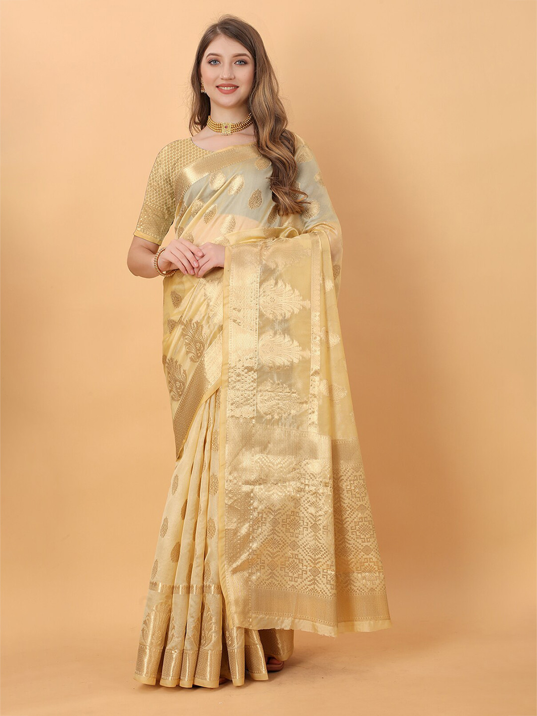 Lookslady Beige & Gold-Toned Ethnic Motifs Zari Organza Baluchari Saree