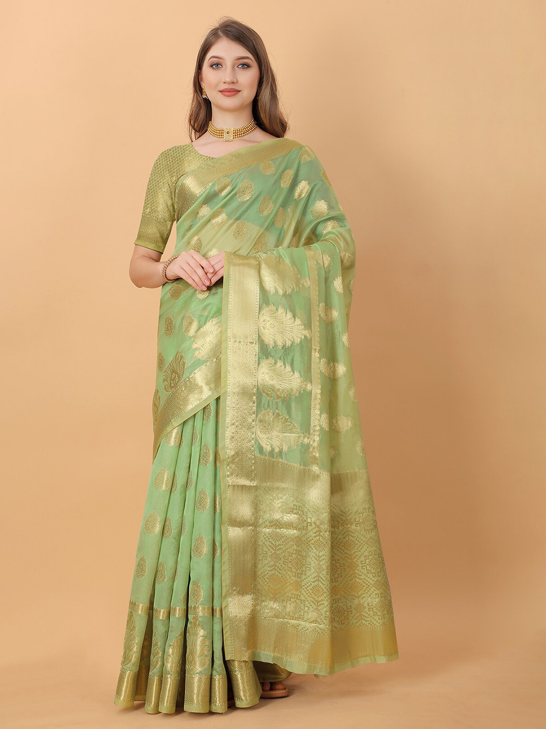 Lookslady Green & Gold-Toned Ethnic Motifs Zari Organza Baluchari Saree