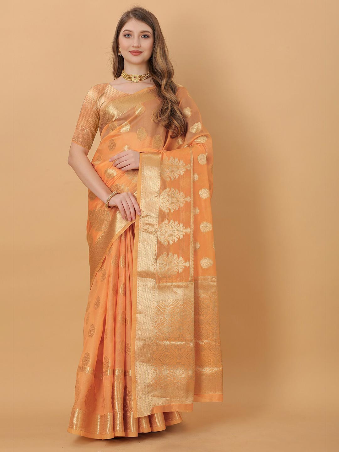 Lookslady Women Orange & Grey Ethnic Motifs Zari Organza Baluchari Saree with Blouse piece